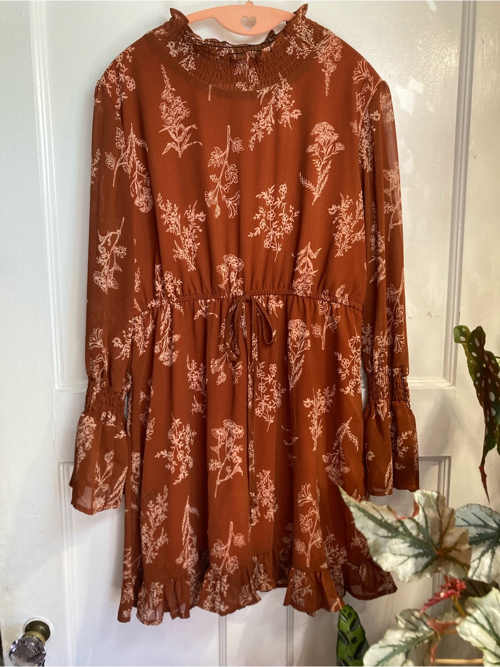 SHEIN Rust Brown & White Floral Long Sleeve Ruffle Dress
